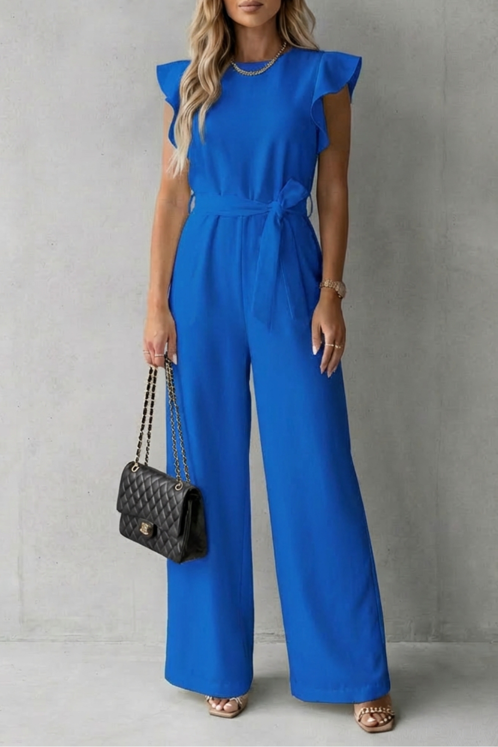 Ruffle sleeve belted | Wide-leg jumpsuit