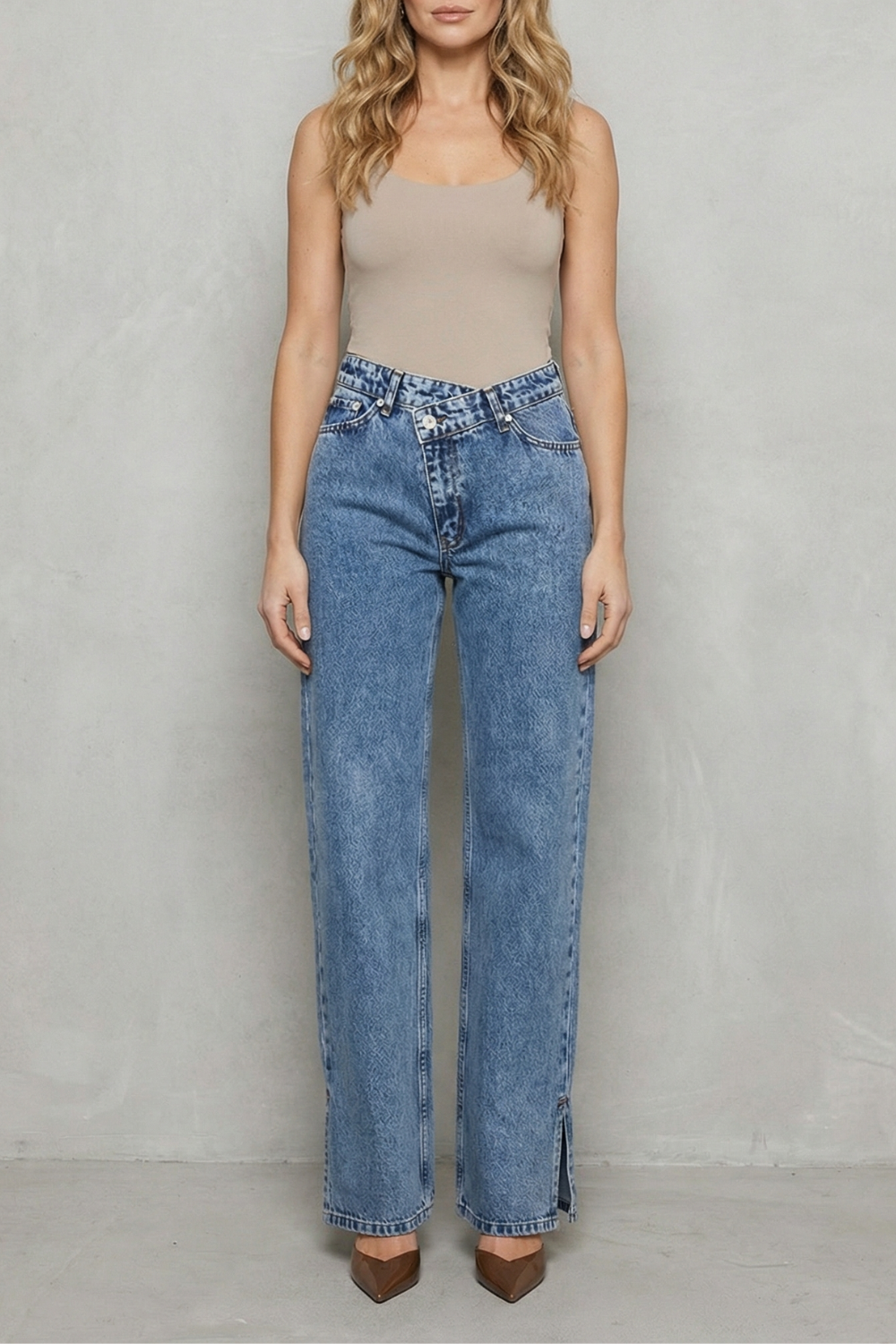 Cross Button Detail Straight Leg Jeans