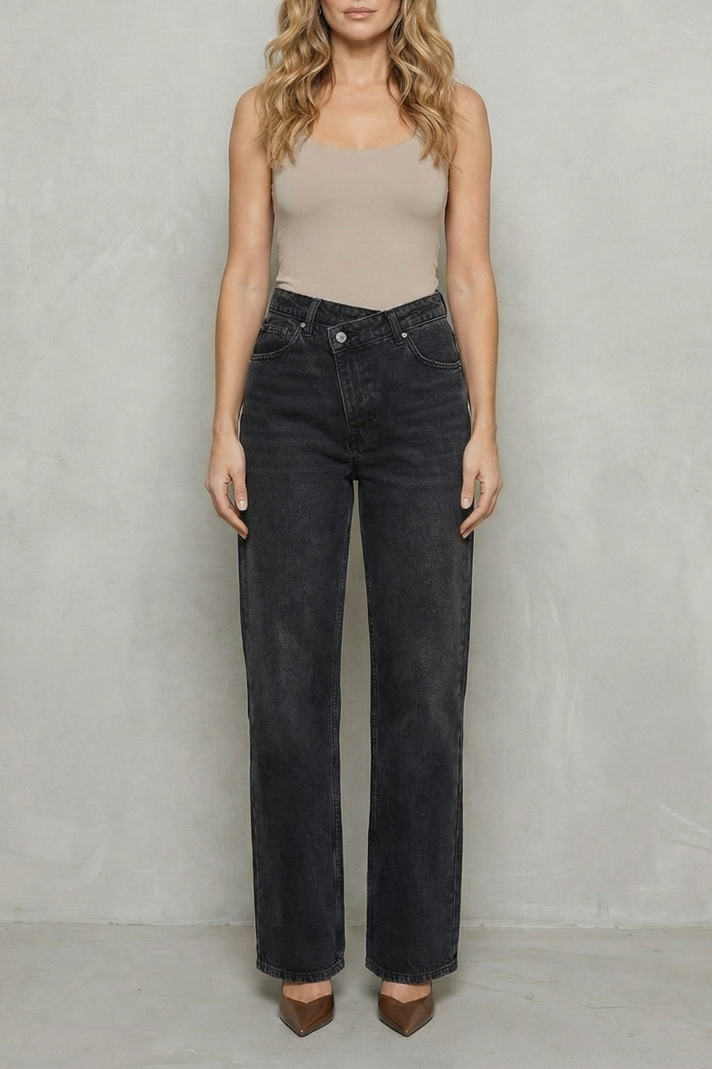 Cross Button Detail Straight Leg Jeans