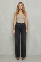 Cross Button Detail Straight Leg Jeans