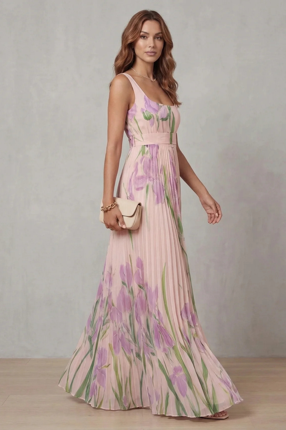 Watercolour Floral Pleated Maxi Dress