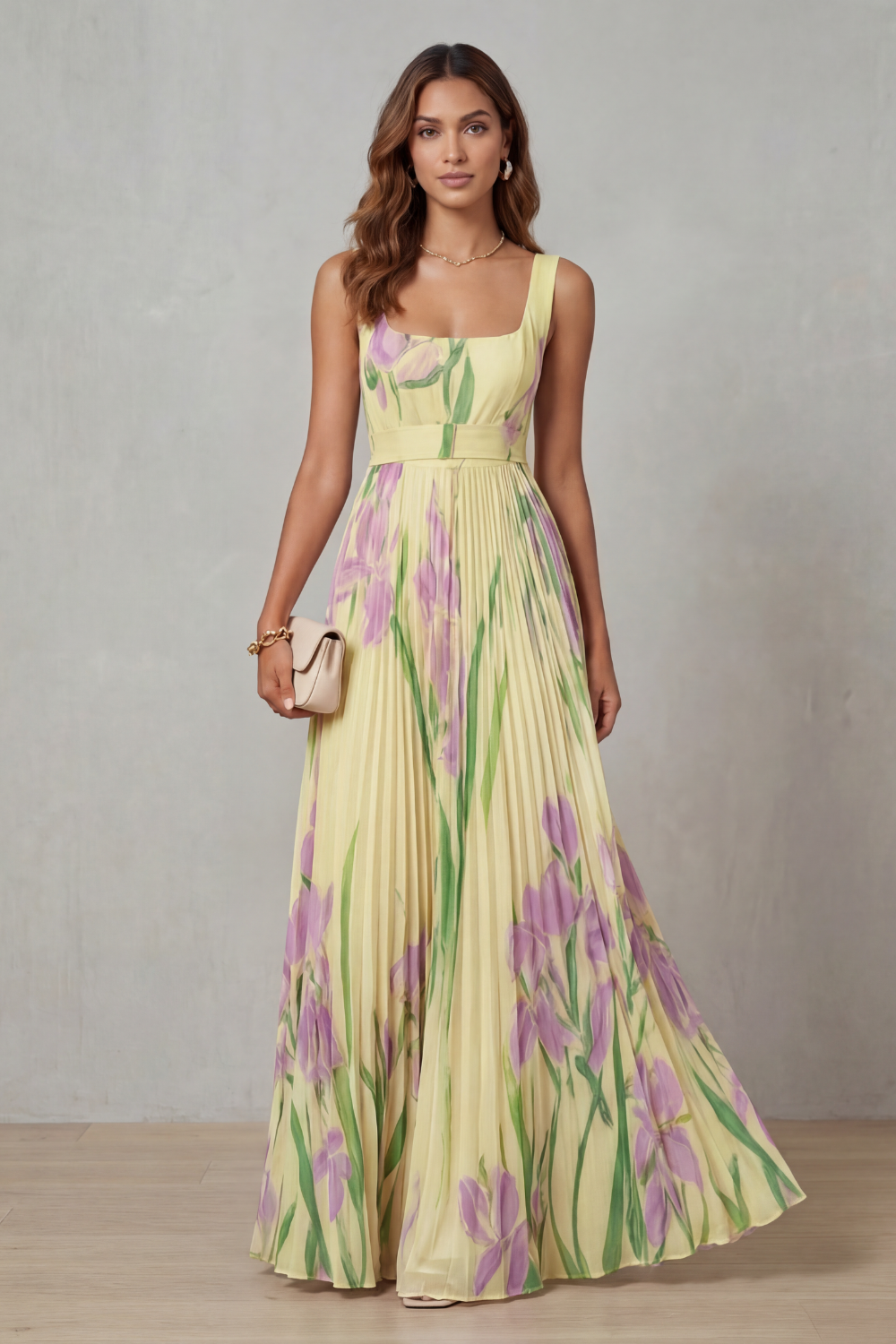 Watercolour Floral Pleated Maxi Dress