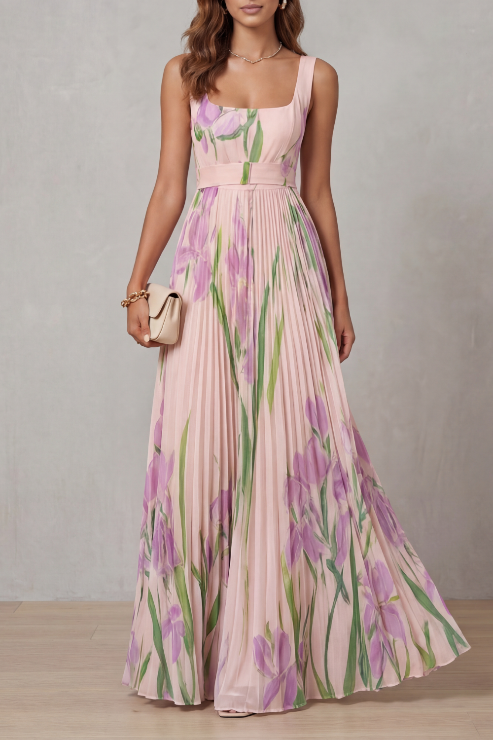 Watercolour Floral Pleated Maxi Dress