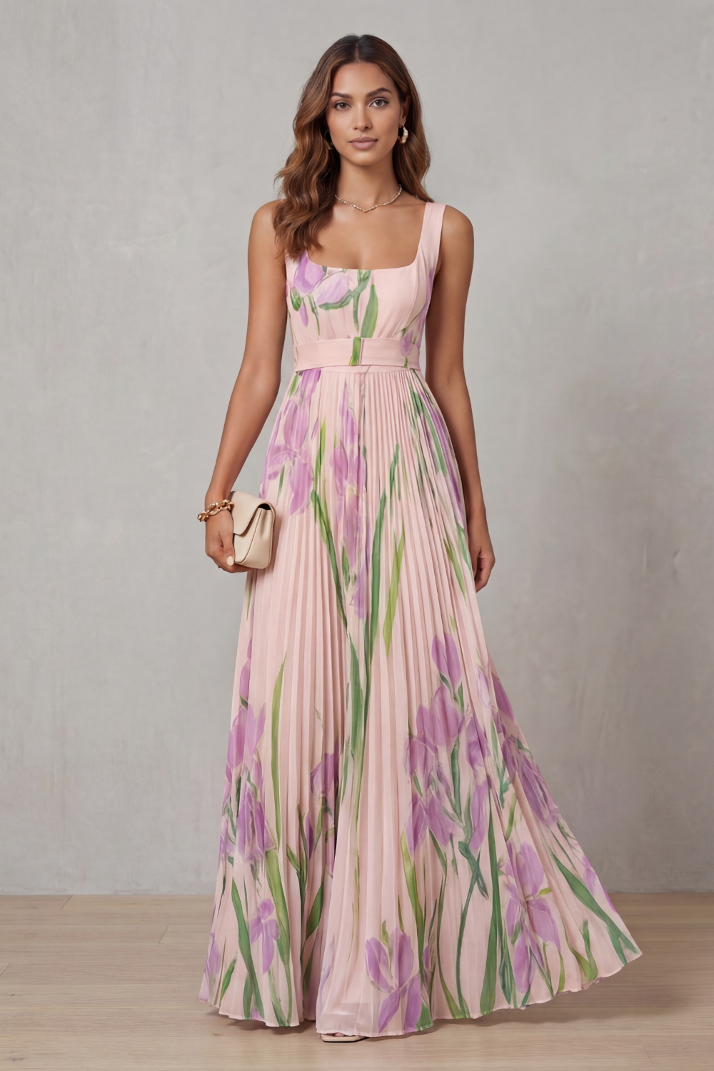 Watercolour Floral Pleated Maxi Dress