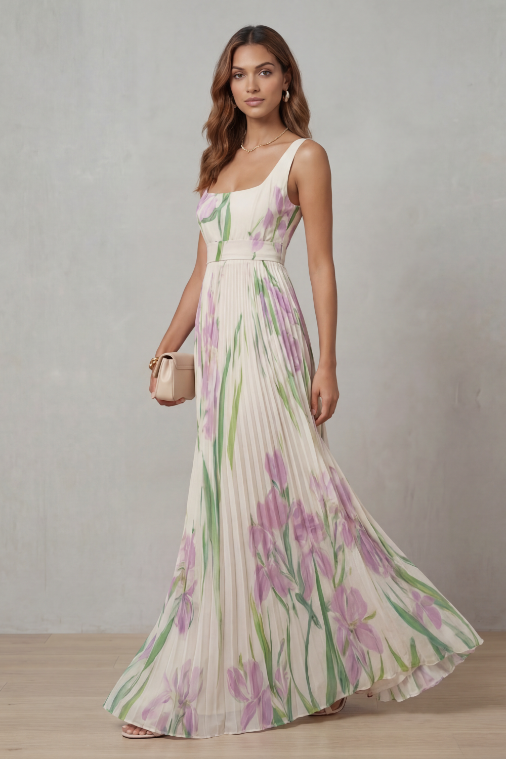 Watercolour Floral Pleated Maxi Dress