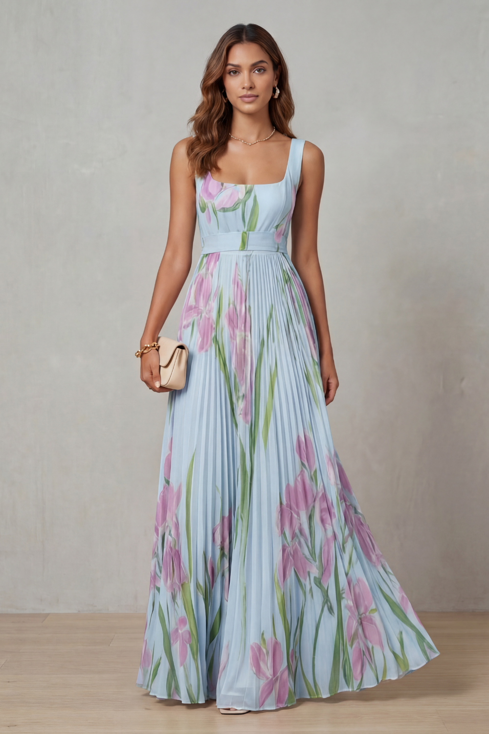 Watercolour Floral Pleated Maxi Dress