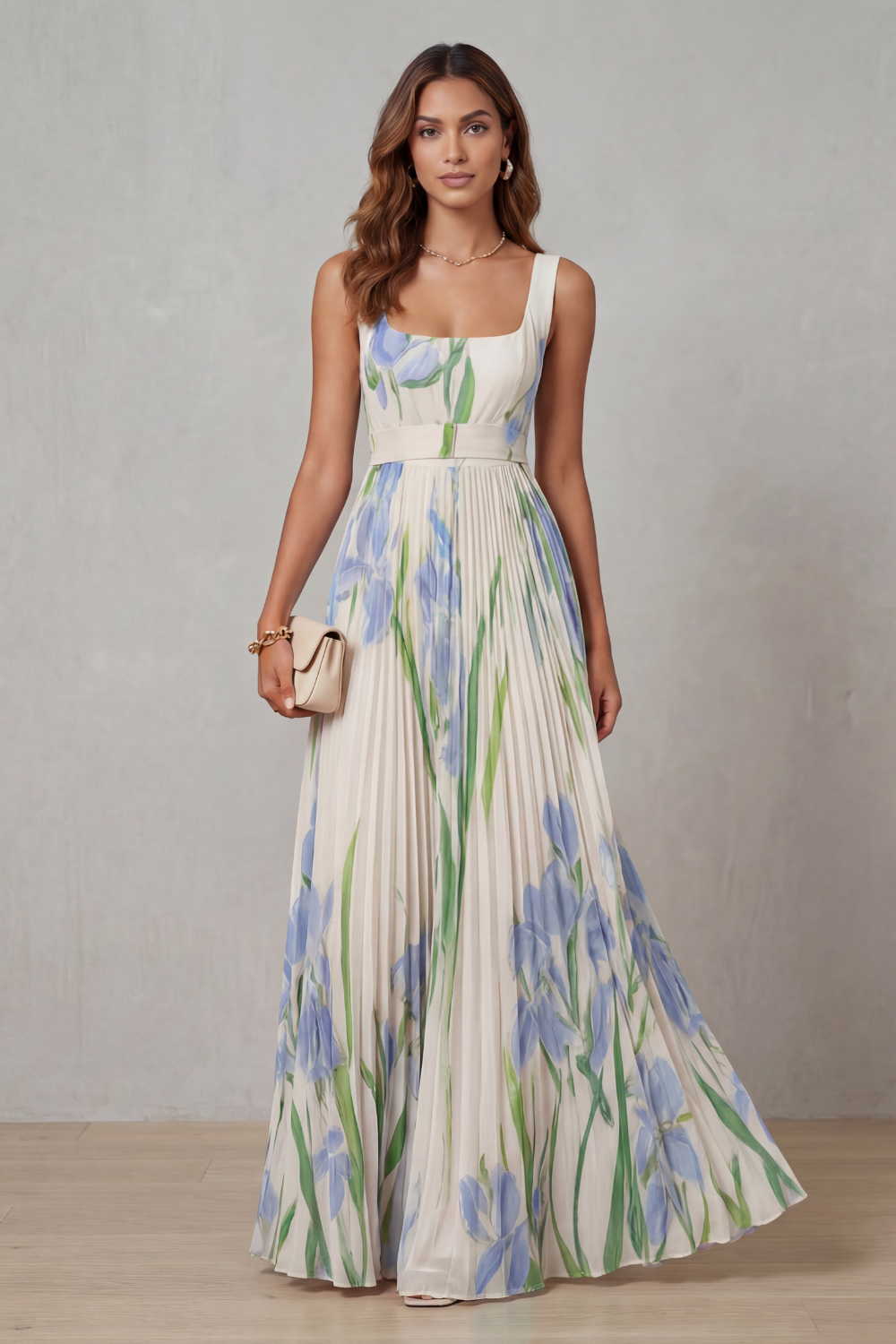 Watercolour Floral Pleated Maxi Dress