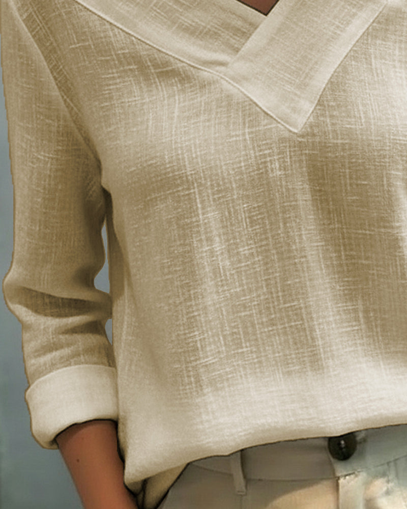 Women's Asymmetric V-Neck Long Sleeve Linen Look Top