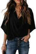 Women's Cowl Neck Batwing Sleeve Wrap Blouse - Black