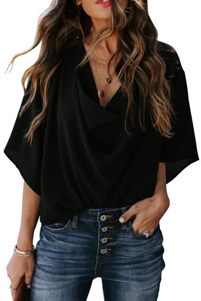 Women's Cowl Neck Batwing Sleeve Wrap Blouse - Black