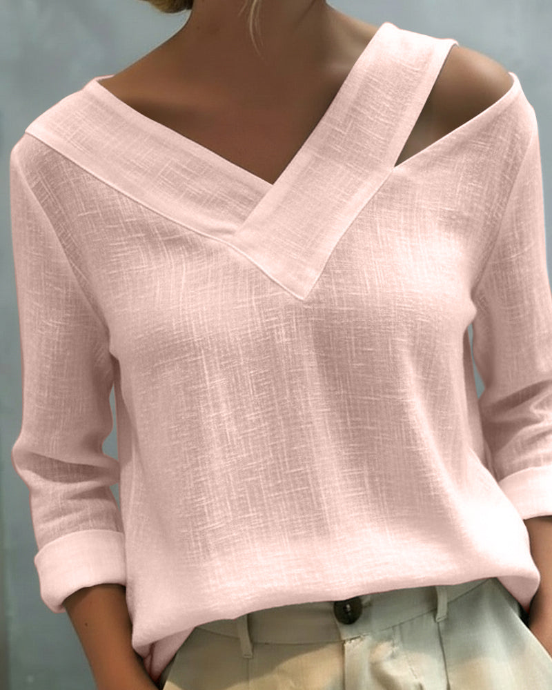 Women's Asymmetric V-Neck Long Sleeve Linen Look Top