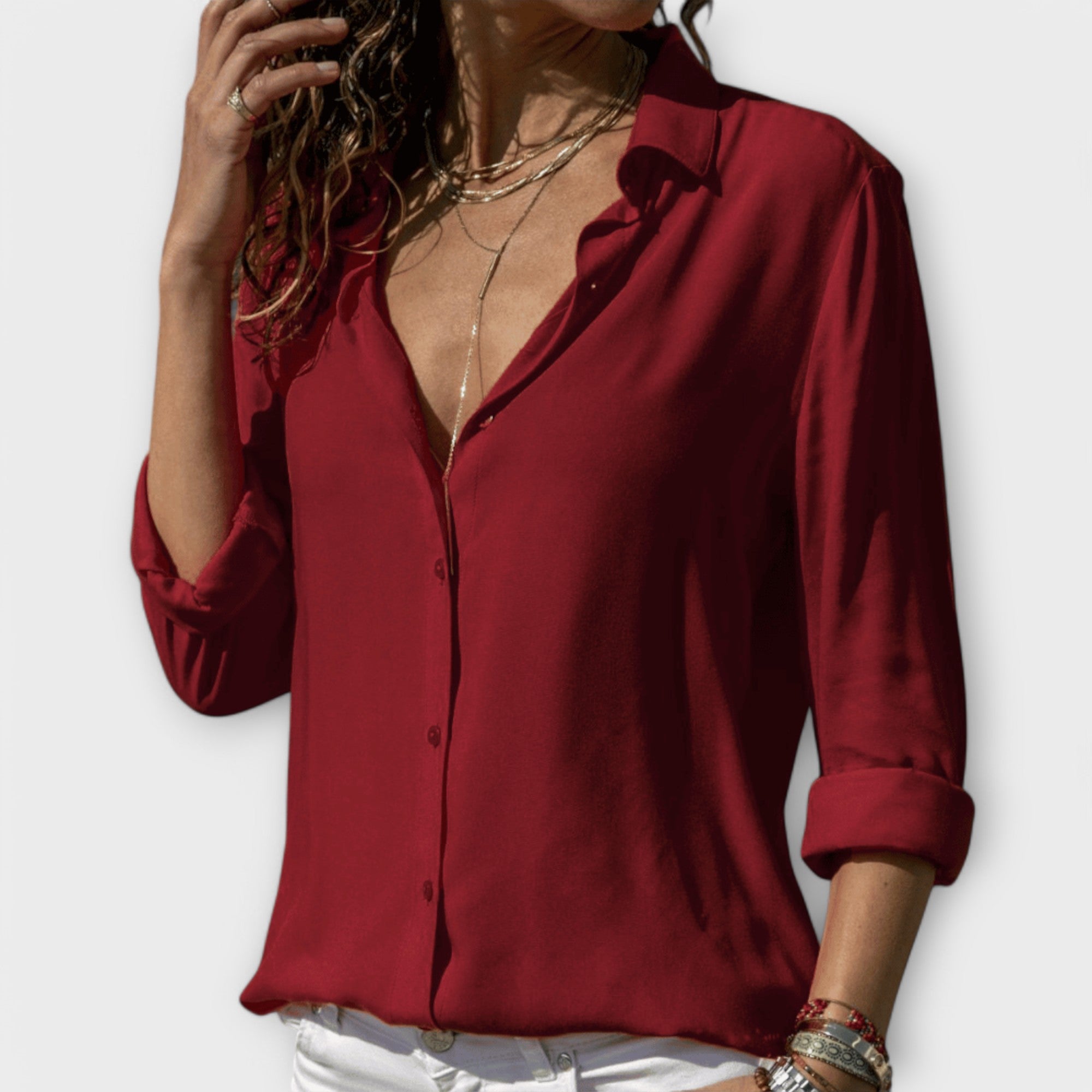 Women's Collared Long Sleeve Button Down Blouse