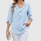 Women's Ruffle Front V-Neck 3/4 Sleeve Blouse - Green