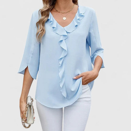 Women's Ruffle Front V-Neck 3/4 Sleeve Blouse - Green