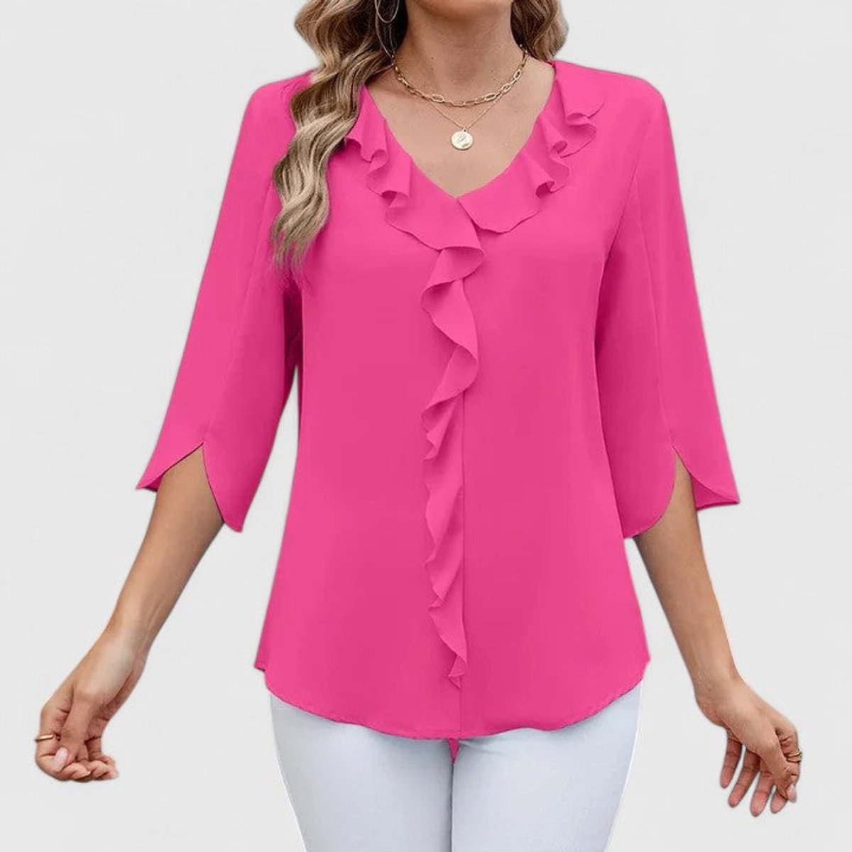 Women's Ruffle Front V-Neck 3/4 Sleeve Blouse