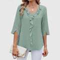Women's Ruffle Front V-Neck 3/4 Sleeve Blouse