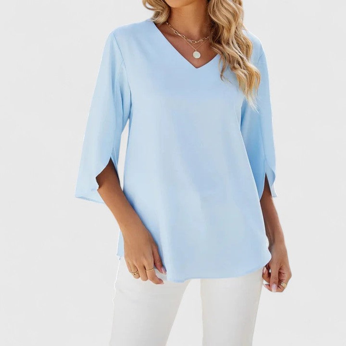 Women's Ruffle Front V-Neck 3/4 Sleeve Blouse
