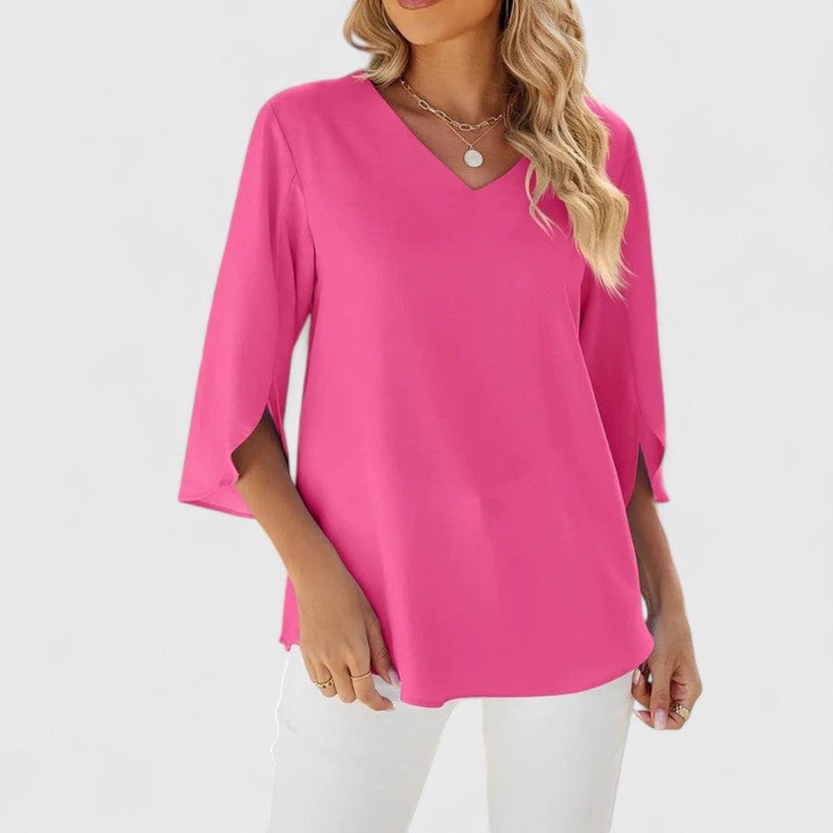 Women's Ruffle Front V-Neck 3/4 Sleeve Blouse