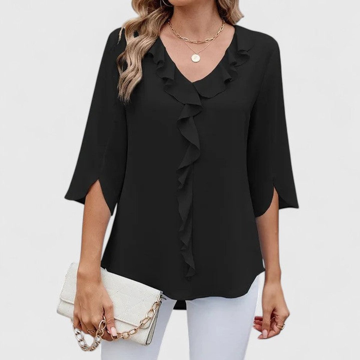Women's Ruffle Front V-Neck 3/4 Sleeve Blouse