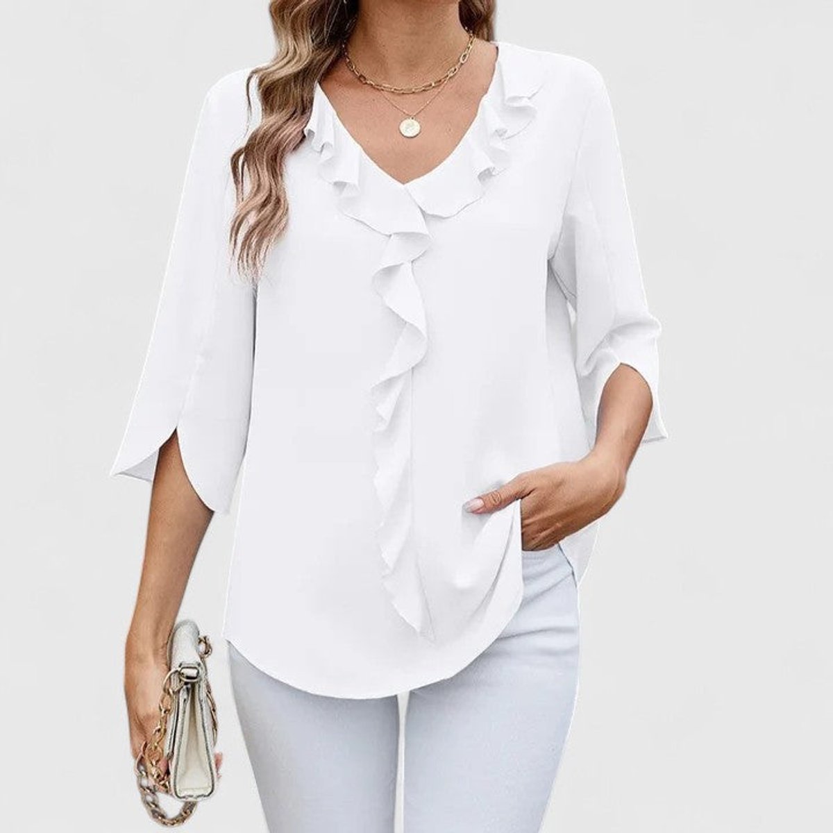 Women's Ruffle Front V-Neck 3/4 Sleeve Blouse