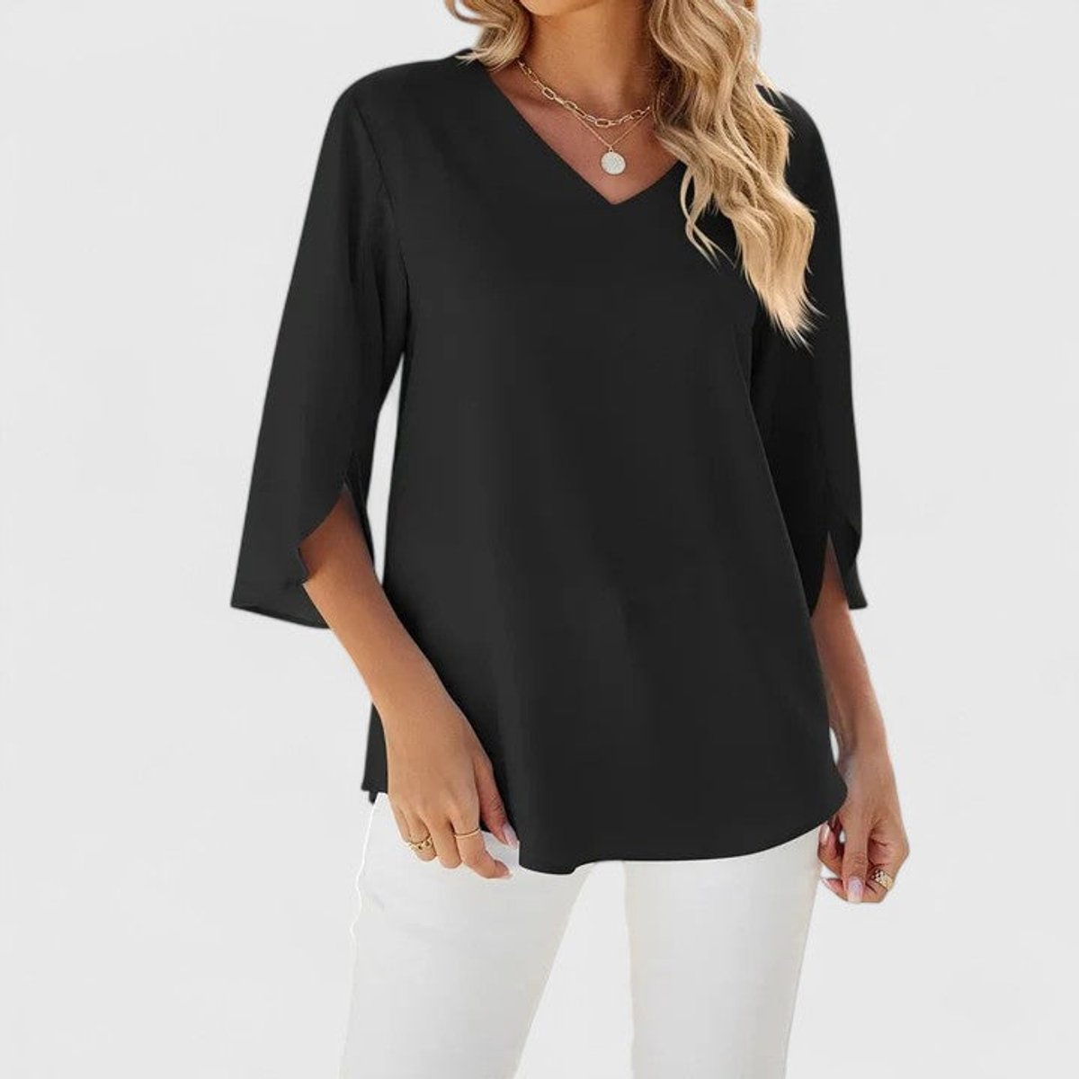 Women's Ruffle Front V-Neck 3/4 Sleeve Blouse
