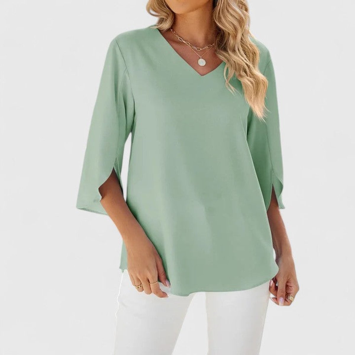 Women's Ruffle Front V-Neck 3/4 Sleeve Blouse