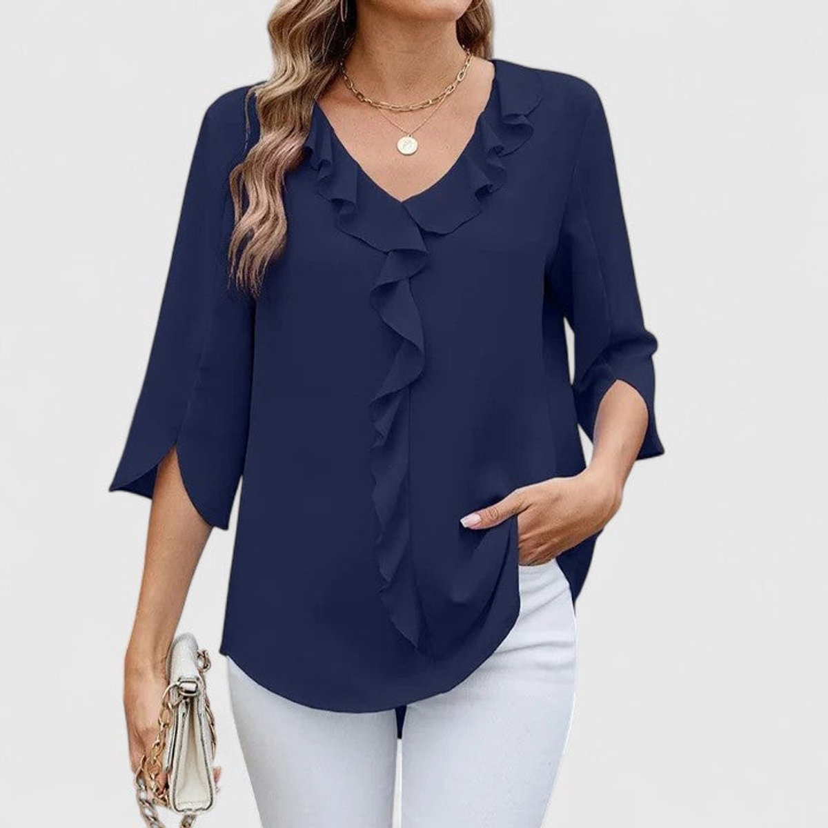 Women's Ruffle Front V-Neck 3/4 Sleeve Blouse