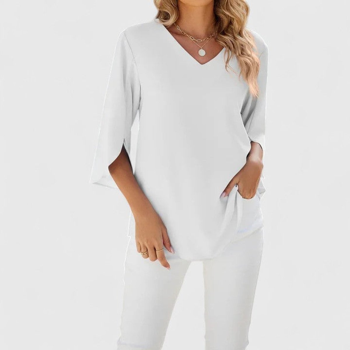 Women's Ruffle Front V-Neck 3/4 Sleeve Blouse