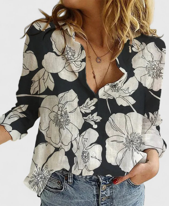 Women's Floral Print V-Neck Blouse - Black