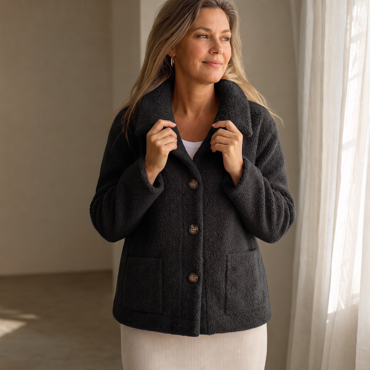 Annika | Curly Faux Fur Button Front Jacket