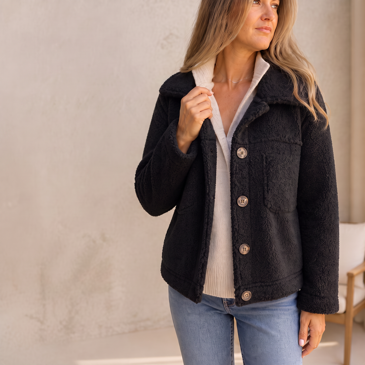Annika | Curly Faux Fur Button Front Jacket