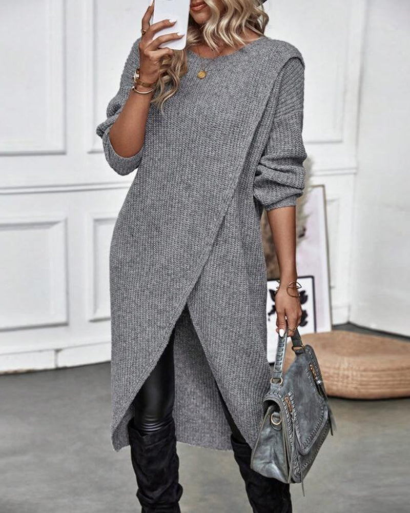 Women's Asymmetrical Long Sleeve Tunic Sweater - Grey