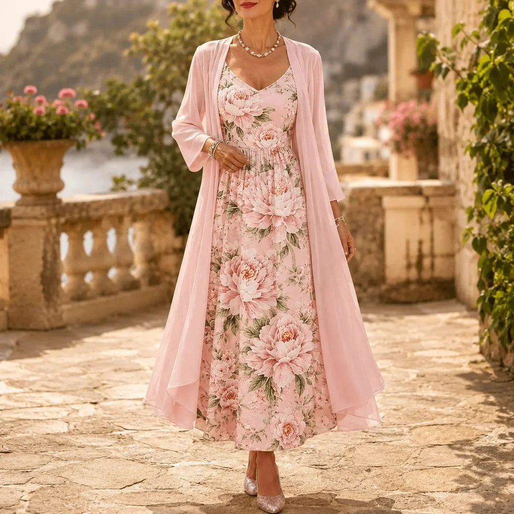 Women's Floral Maxi Dress Two-Piece Set - Light Pink