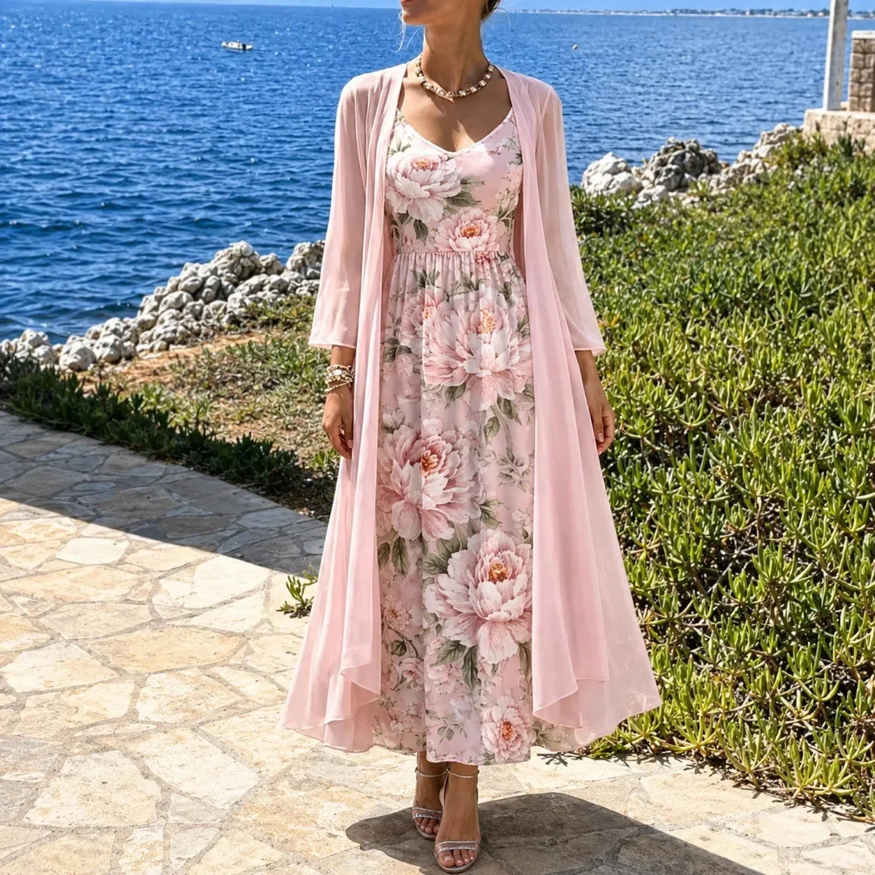 Women's Floral Maxi Dress Two-Piece Set