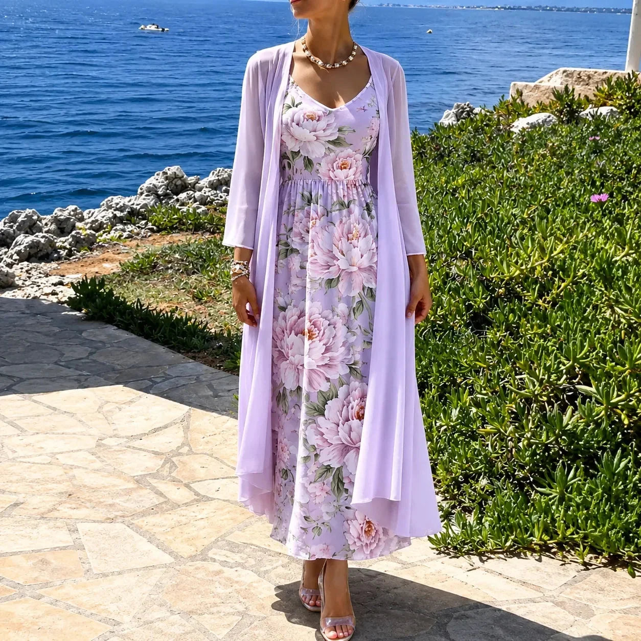 Women's Floral Maxi Dress Two-Piece Set