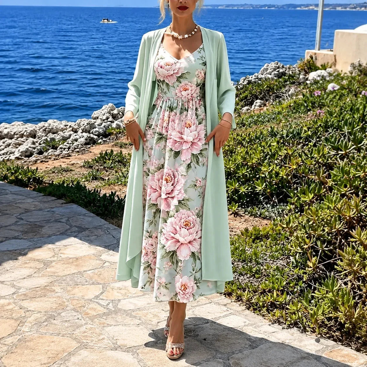 Women's Floral Maxi Dress Two-Piece Set