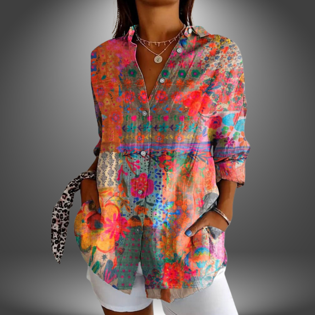 Women's Floral Print Long Sleeve Blouse - Red