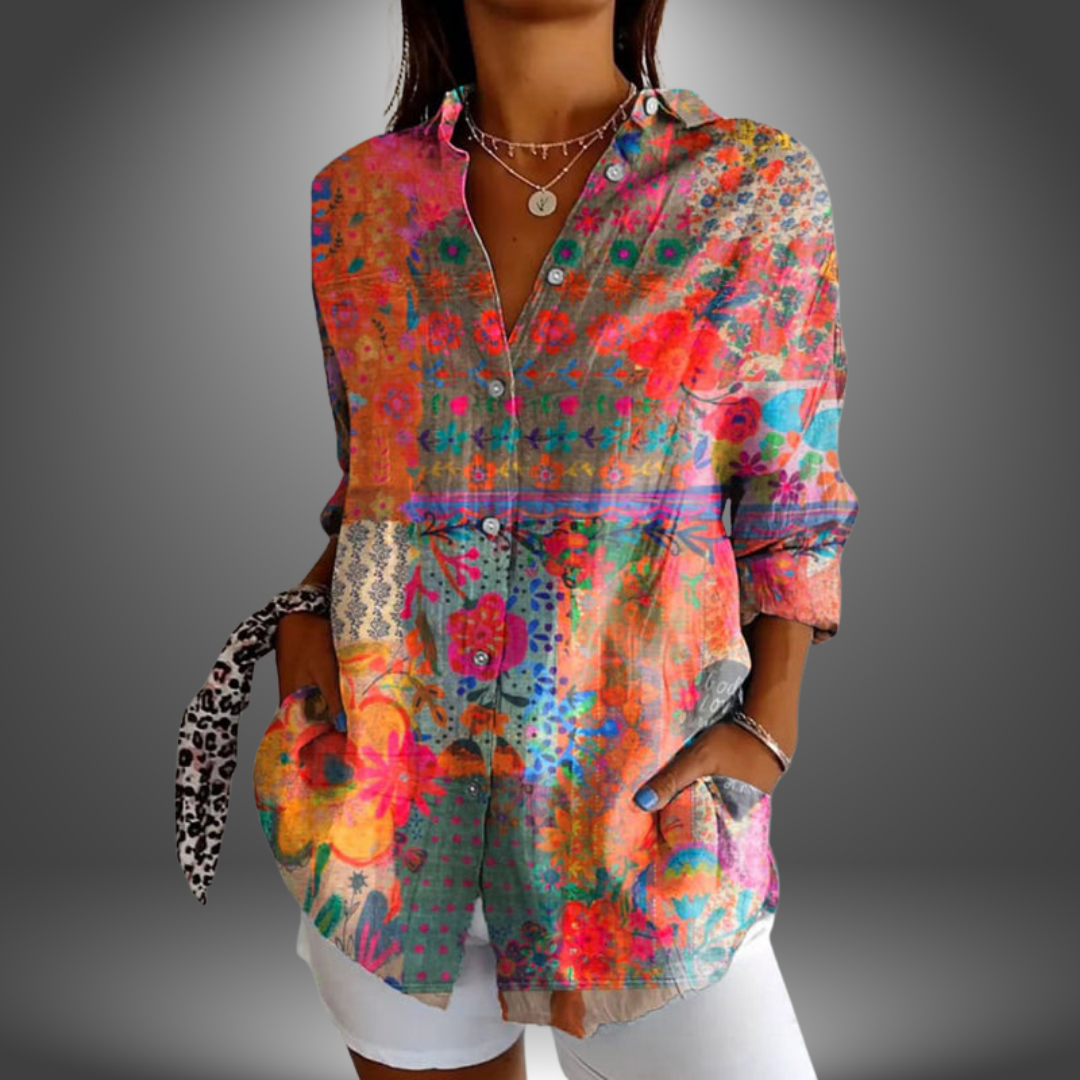 Women's Floral Print Long Sleeve Blouse - Red