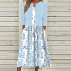 Women's Floral Print Midi Dress with Jacket Set - Blue