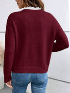 Women's V Neck Lace Trim Long Sleeve Top