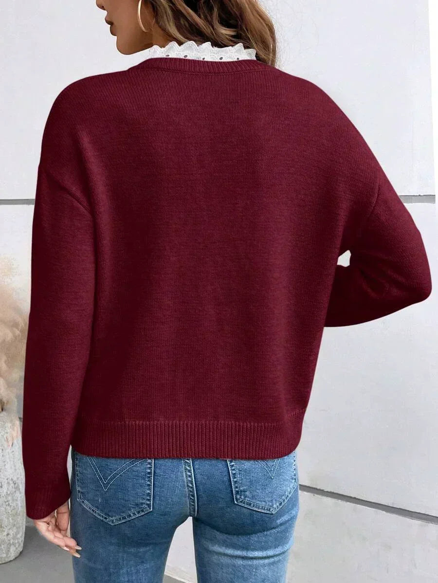 Women's V Neck Lace Trim Long Sleeve Top