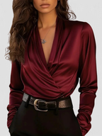 Women's Draped Neck Satin Blouse Long Sleeve