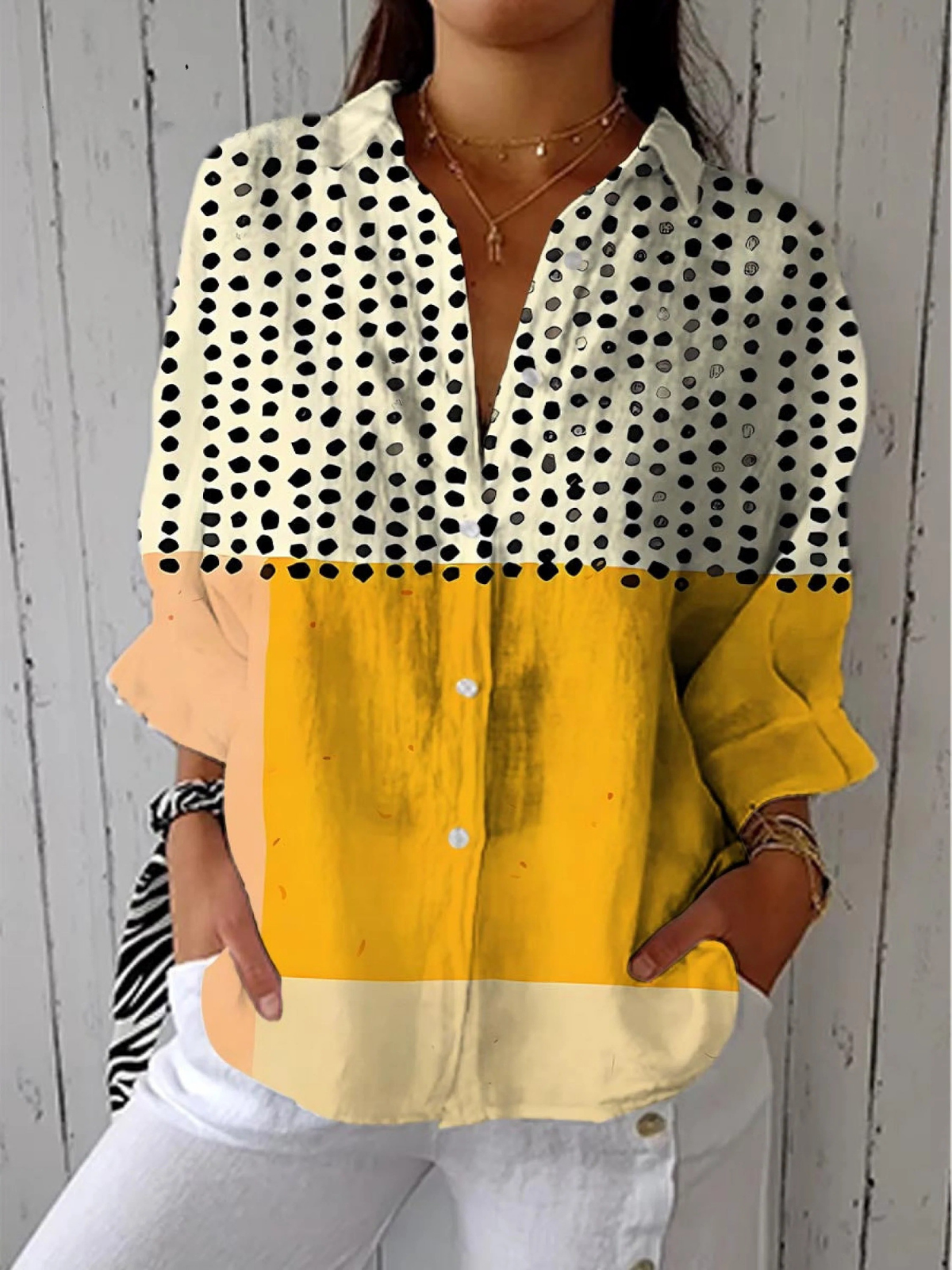 Women's Polka Dot Colour Block Long Sleeve Shirt - Multicolour