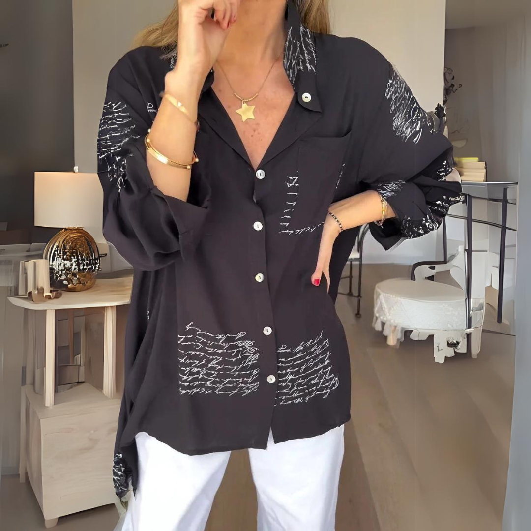 Women's Printed Relaxed Fit Button-Up Blouse - Black