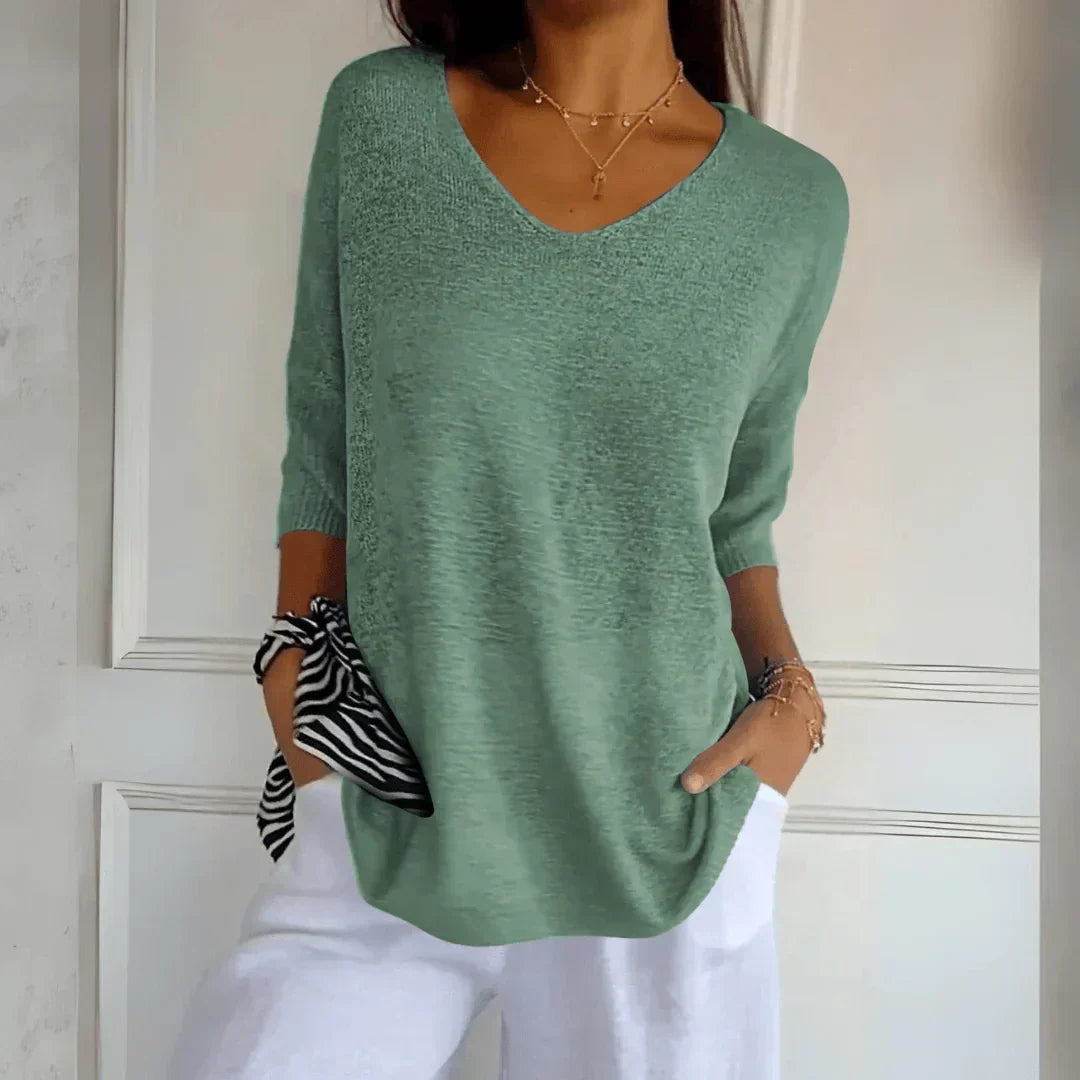 Women's Relaxed V-Neck Knit Top with 3/4 Sleeves