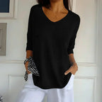 Women's Relaxed V-Neck Knit Top with 3/4 Sleeves