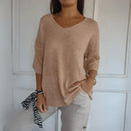 Women's Relaxed V-Neck Knit Top with 3/4 Sleeves