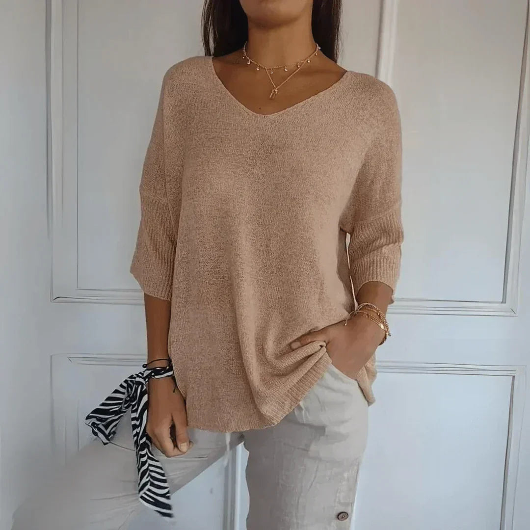 Women's Relaxed V-Neck Knit Top with 3/4 Sleeves