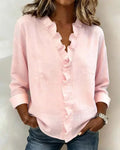 Women's Ruffle V-Neck Long Sleeve Blouse - Pink