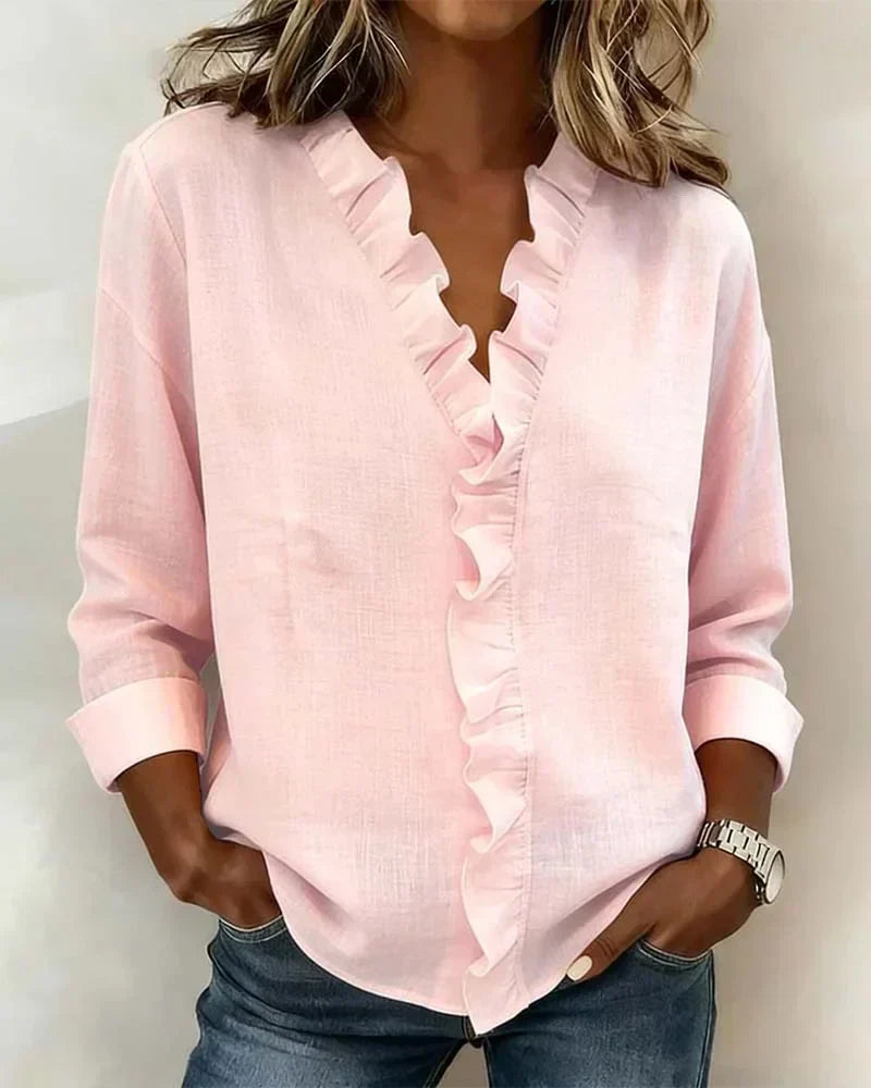 Women's Ruffle V-Neck Long Sleeve Blouse - Pink